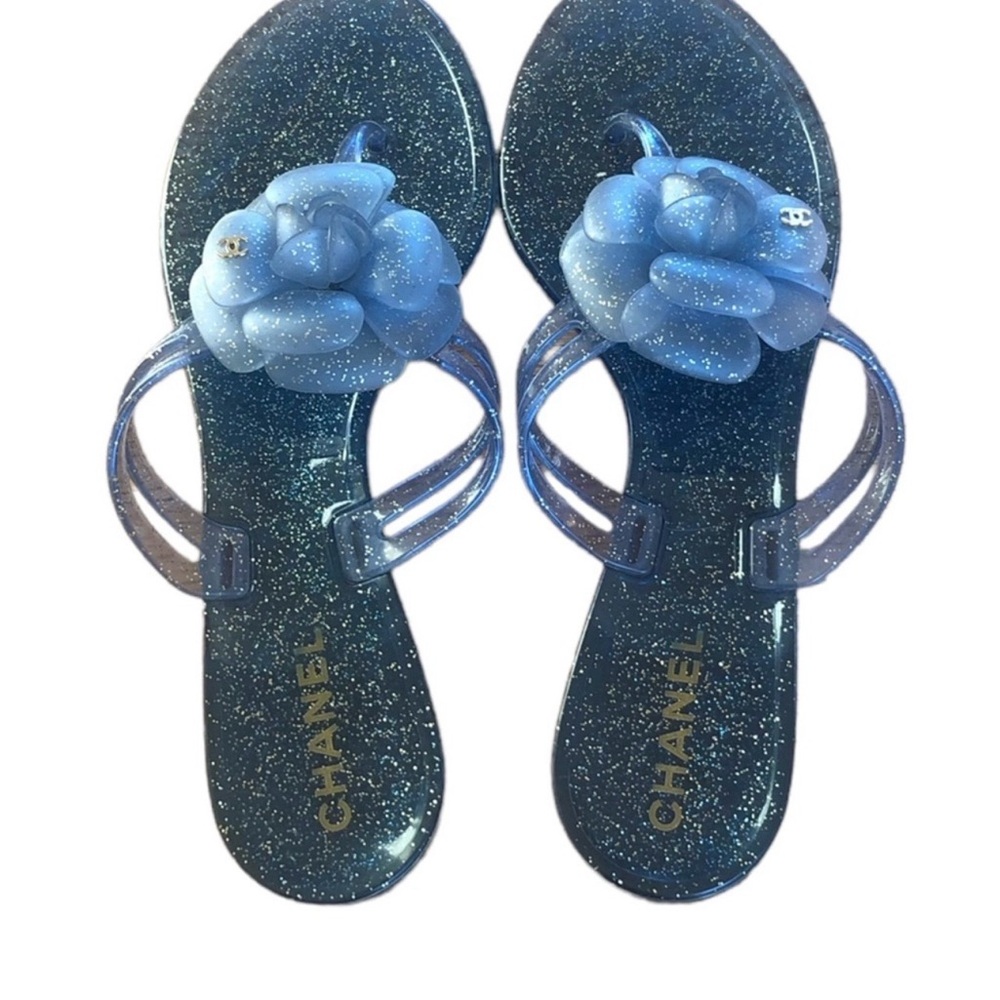 CHANEL Sparkling Blue Sandals with Floral Accent